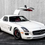 Mercedes Benz SLS AMG front view on a road