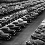 Mercedes-Benz 180 'Ponton' saloons lined up for delivery at the Sindelfingen plant in 1953, showcasing the popular new model