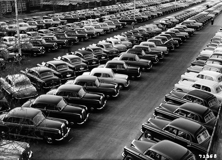 Mercedes-Benz 180 'Ponton' saloons lined up for delivery at the Sindelfingen plant in 1953, showcasing the popular new model