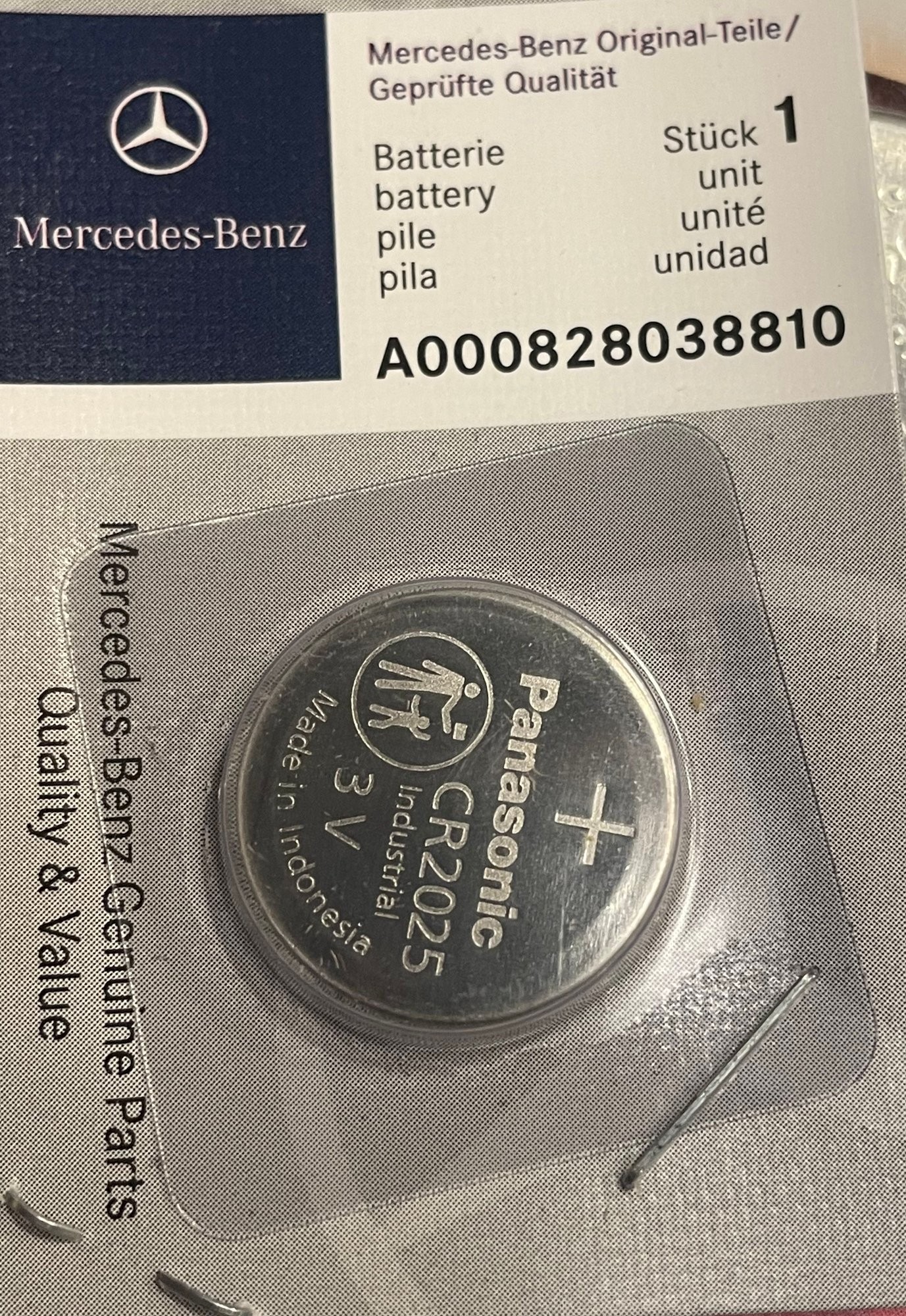 Mercedes-Benz branded Panasonic CR2025 battery, highlighting the official part