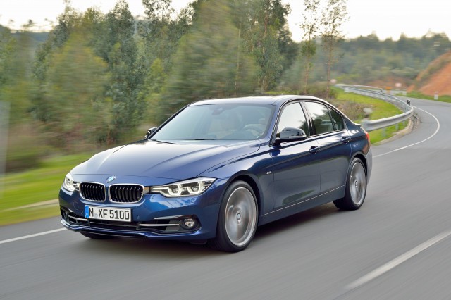 Front angle view of a 2016 BMW 3-Series, showcasing its iconic kidney grille and headlights