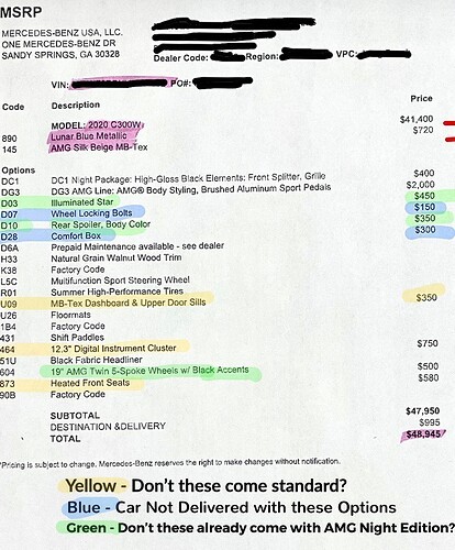 Mercedes C300 MSRP Sheet Showing Optional Features and Base Price