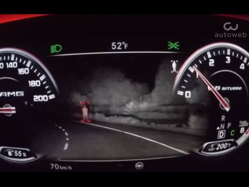 Mercedes Benz Night View Assist technology enhances visibility in low light conditions.