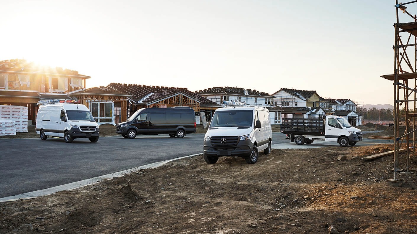 Mercedes-Benz Sprinter Van lineup showcasing different models and body styles, emphasizing the range of dimensions available for various business and personal needs.