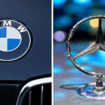 Mercedes-Benz and BMW logos side-by-side representing the luxury car brand comparison