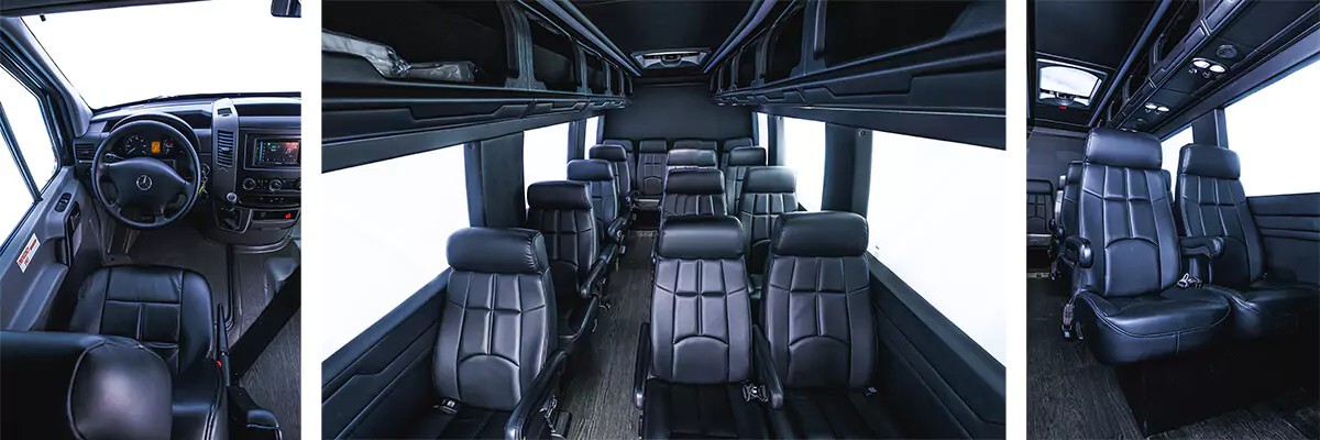 Luxurious interior of a Mercedes Sprinter van rental, featuring plush seating and ample legroom, perfect for exploring Kansas City in comfort.