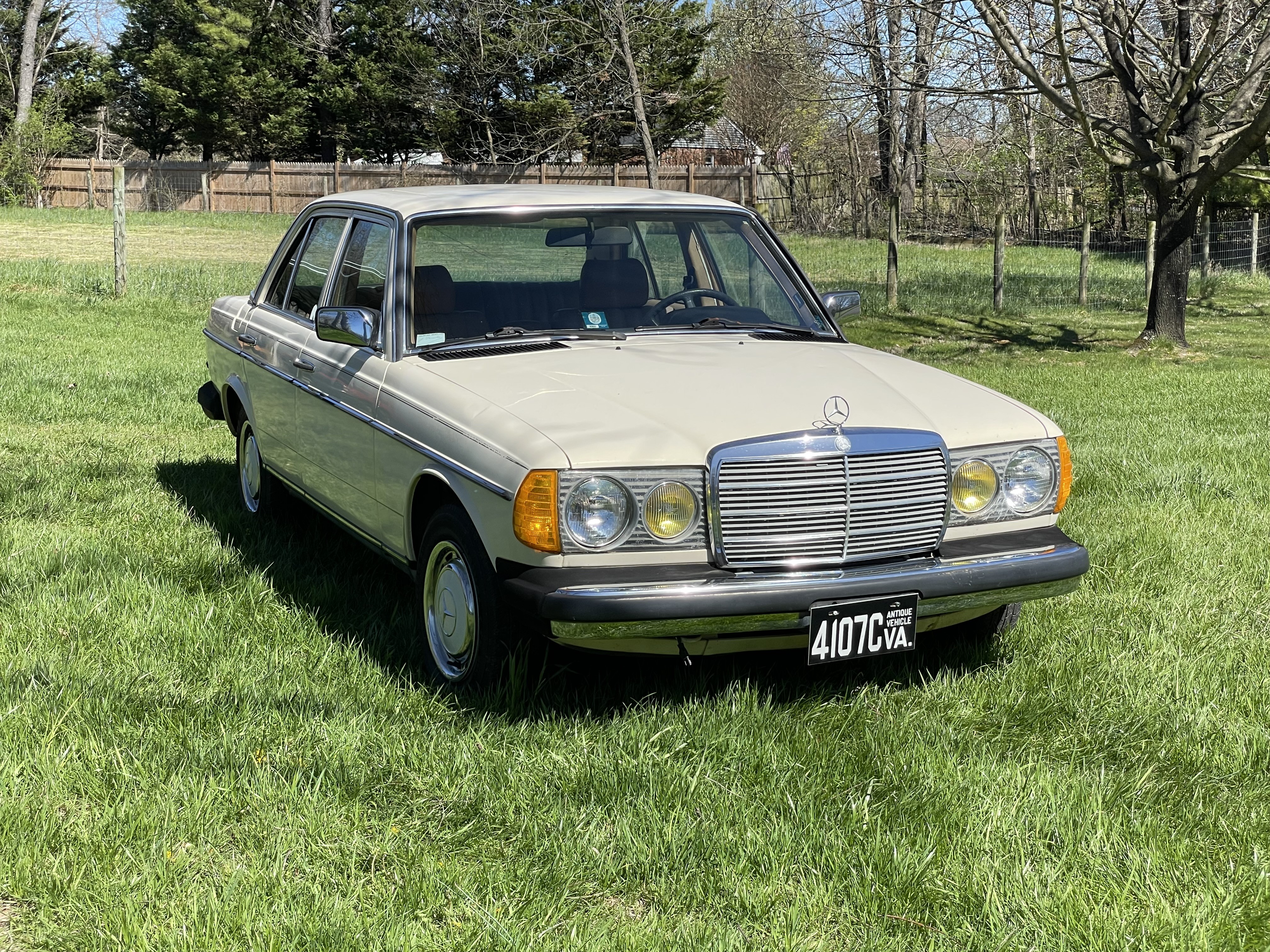 Mercedes Benz 240D Light Ivory paint and Palomino MB-Tex interior, a classic combination for sale consideration.