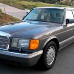 Anthracite grey 1986 Mercedes-Benz 560SEL parked on a paved surface, showcasing its classic sedan profile.