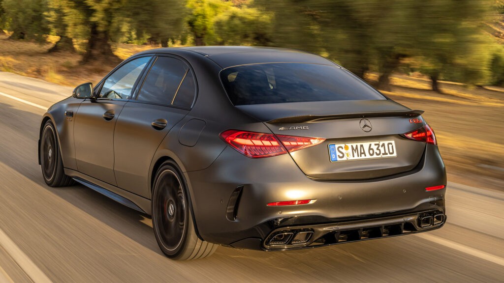 Mercedes-AMG C63S E Performance in Silver, showcasing its sporty design. The new C63S, despite its powerful hybrid engine, faces sales challenges.