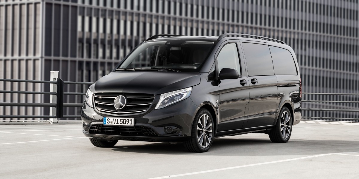 Mercedes Vito Tourer front exterior, parked in an urban environment, demonstrating its size and presence.