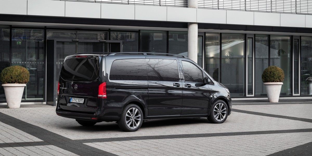 Mercedes Vito Tourer 9-seater exterior, long wheelbase model in silver.