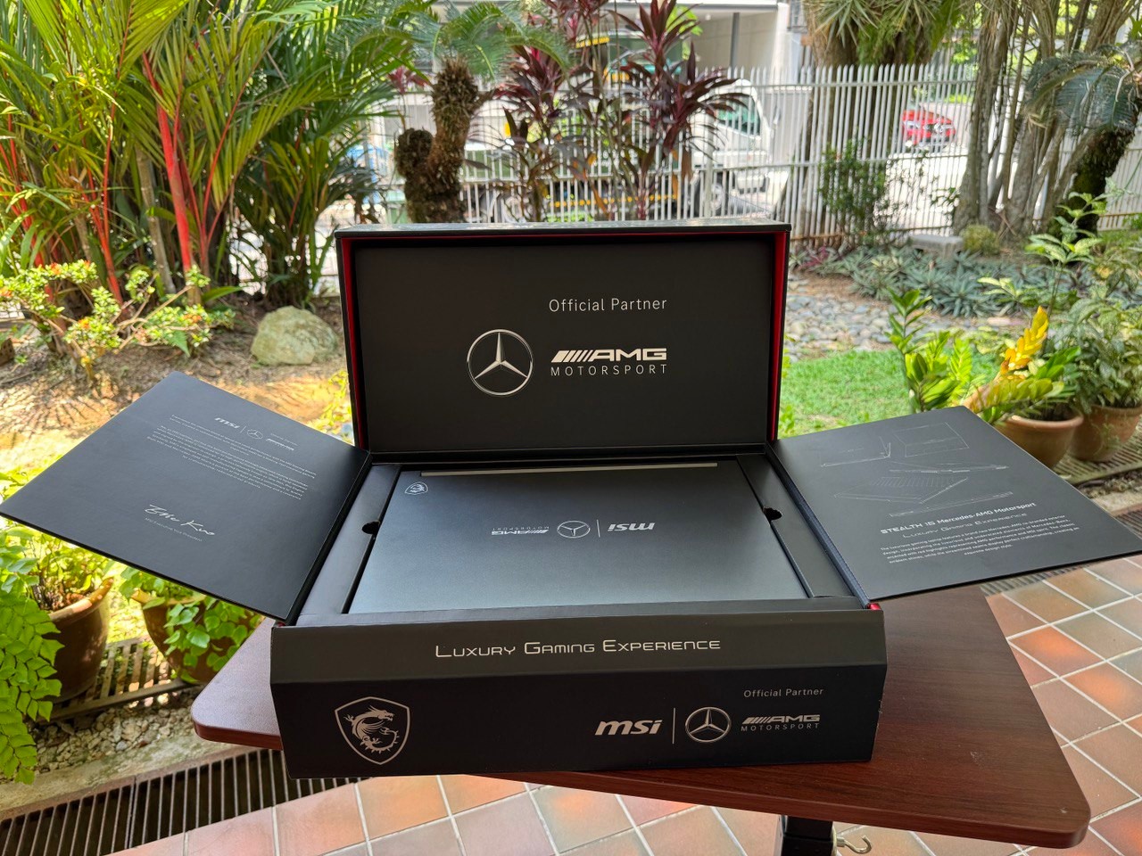 MSI Stealth 16 Mercedes AMG Edition box with "Luxury gaming experience" text