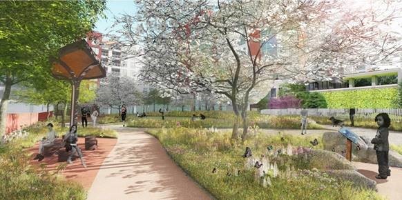 Rendering of planned public open space in the N. Glebe Rd mixed-use development, Arlington VA