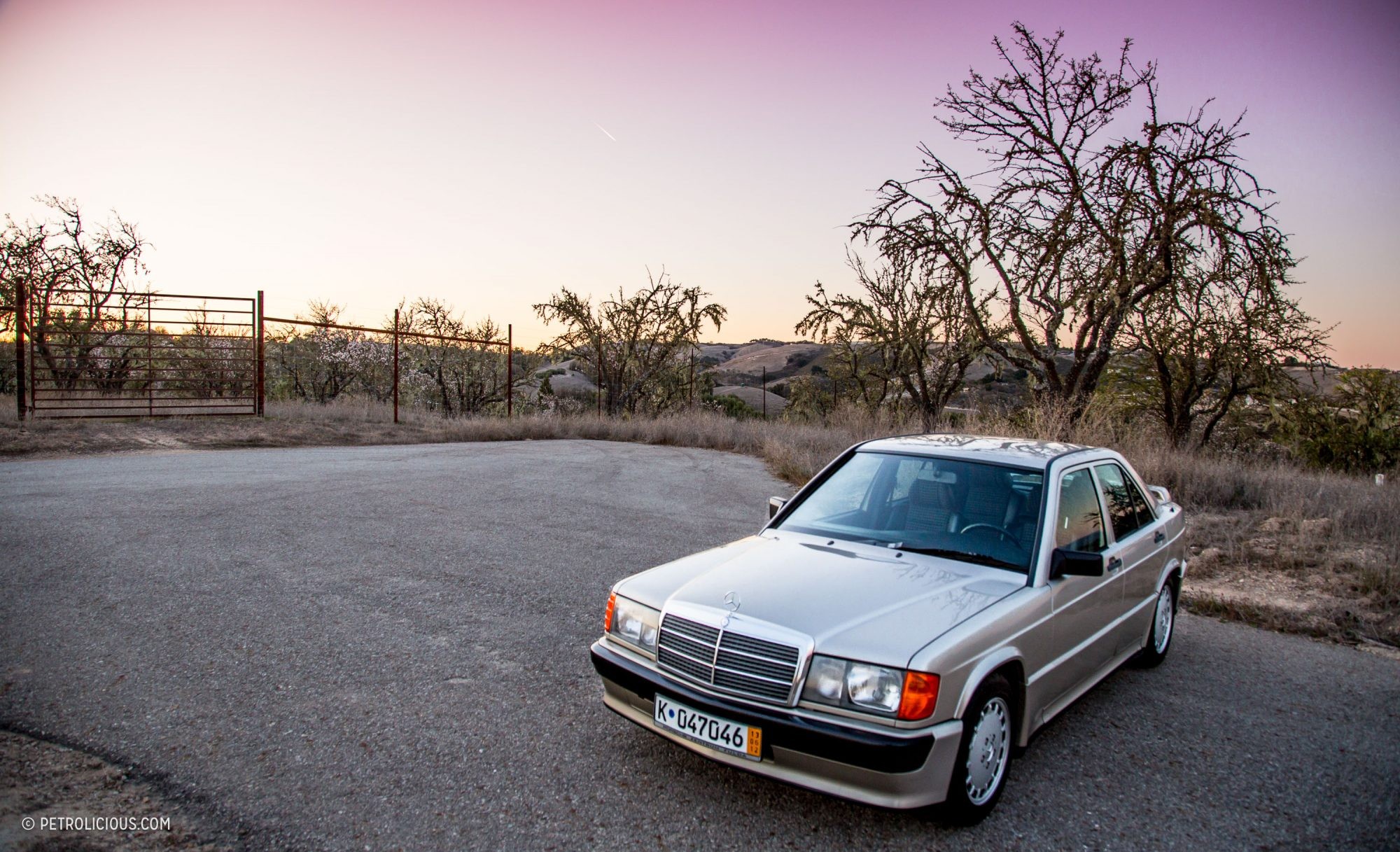 Jason Cammisa's Mercedes-Benz 190E 2.3-16 in Smoke Silver, showcasing its classic 1980s design and pristine condition.