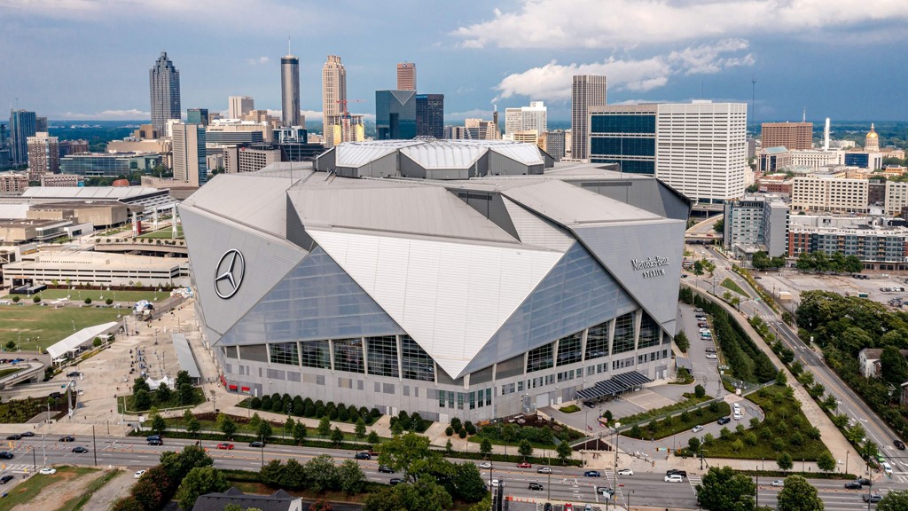 Mercedes-Benz Stadium retractable roof open, showcasing its modern architecture in Atlanta.